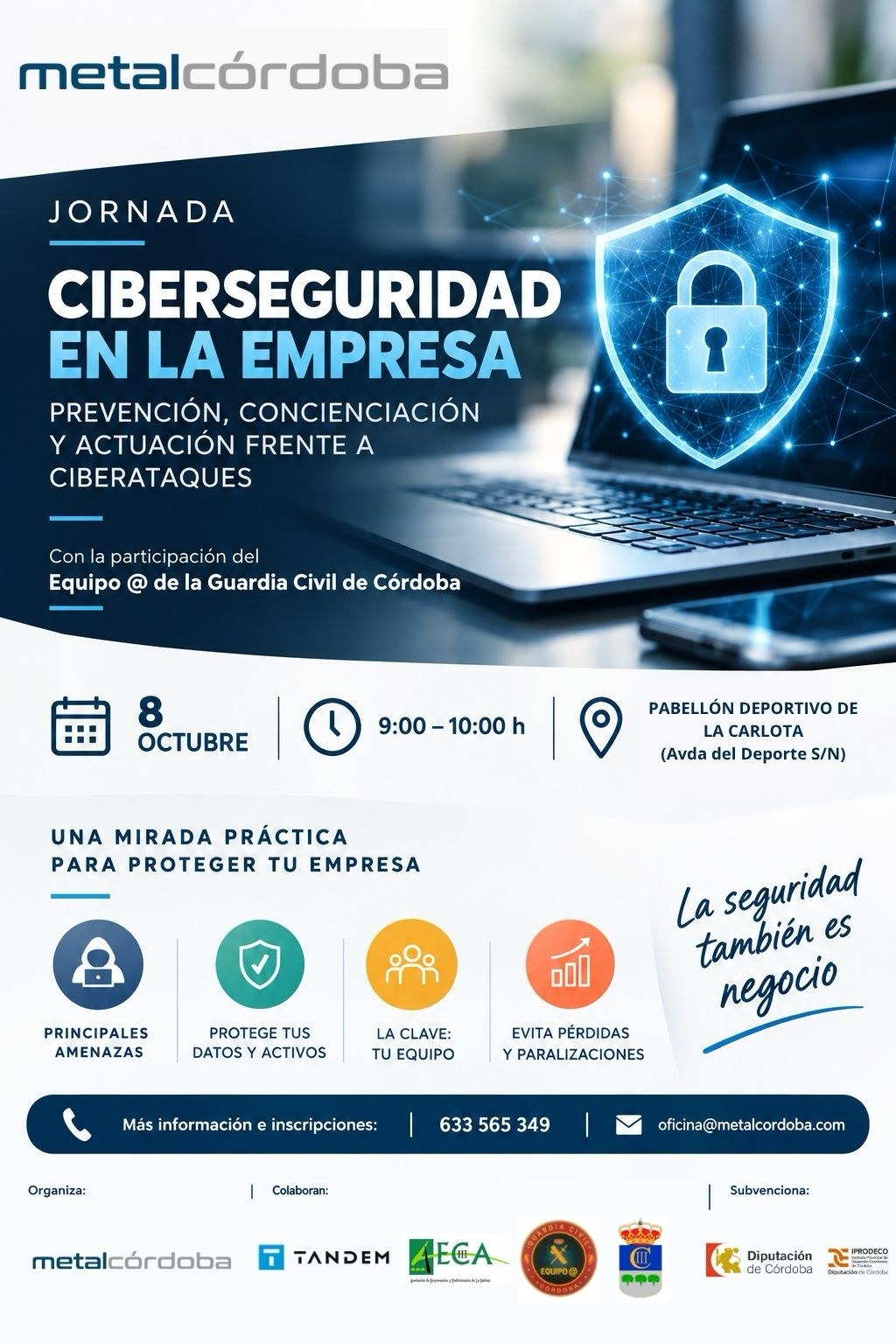 Cartel de la jornada Ciberseguridad en la empresa, 8 de octubre en La Carlota